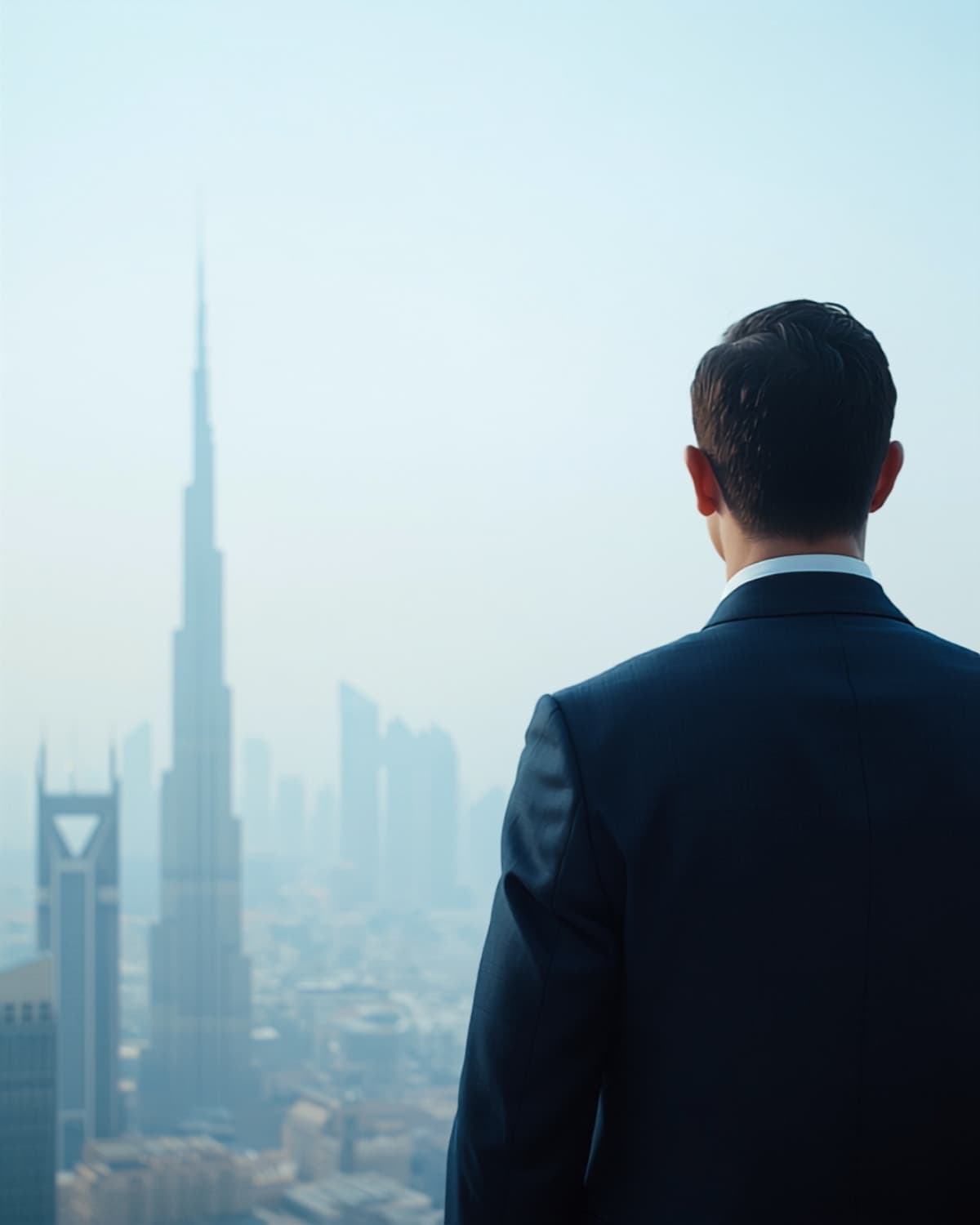 A founder in a suit looking out over the Dubai skyline